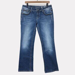 Miss Me Easy Boot Bling Flap Pocket Jeans Womens 30 Medium Wash Blue JE566ZER